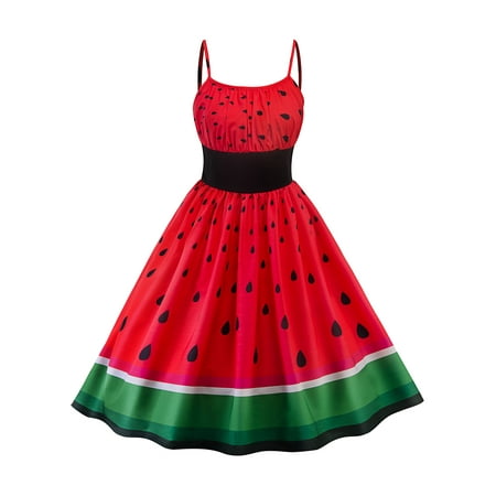 Summer Women Sling Watermelon Casual Beach Party Cocktail Waistband Swing Cami Dress Red