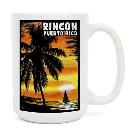 

15 fl oz Ceramic Mug Rincon Puerto Rico Palm and Sunset Scratchboard Dishwasher & Microwave Safe
