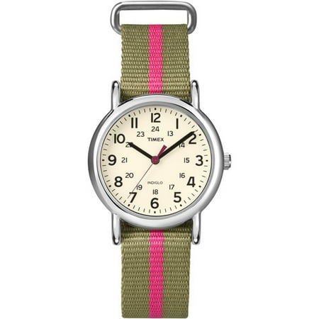Timex Women's Weekender Watch, Olive/Pink Stripe Nylon Strap