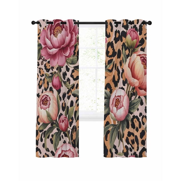 Pink Flowers Blackout Curtains, Light Blocking Print Window Curtains, Leopard Spot Vintage Floral Country Plants Thermal Insulated Window Drapes for Living Room 2 Panels, 104"W x 84"L