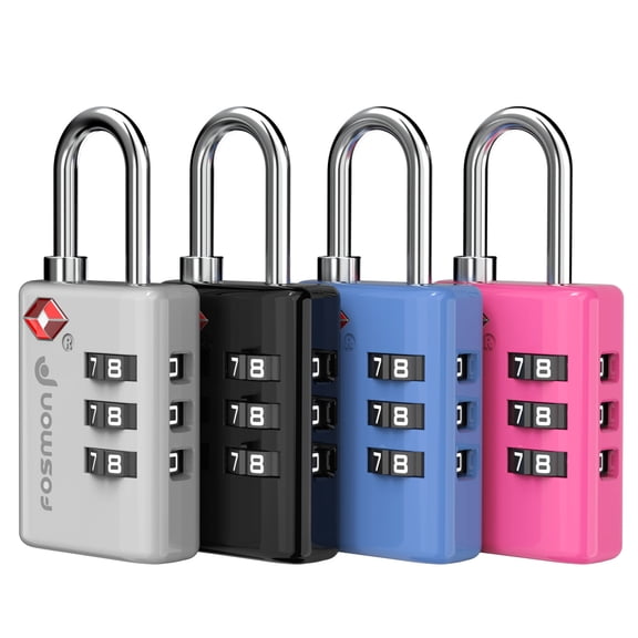Fosmon TSA Approved Luggage Locks, (4 Pack) Open Alert Indicator 3 Digit Combination Padlock Codes with Alloy Body for Travel Bag, Suit Case, Lockers, Gym, Bike Locks - Black, Blue, Pink, and Silver
