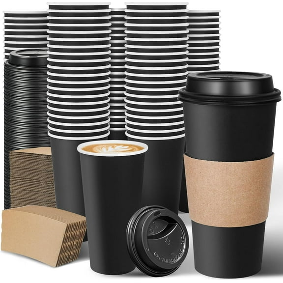 100 Pack 20 oz Disposable Coffee Cups with Lids and Sleeves Leak Free Black Insulated Hot To Go for Bars Restaurants Offices