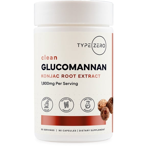 Type Zero Clean Glucomannan Konjac Root Extract (90 Capsules)(1,800 MG Per Serving, 30 Servings) - Non-GMO, Gluten Free