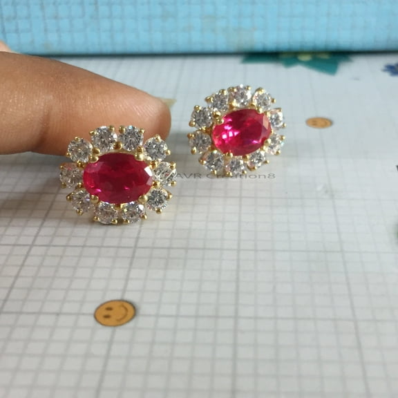 Ruby & Diamond Halo Stud Earrings for Women, 925 Sterling Silver, July Birthstone Jewelry Gift