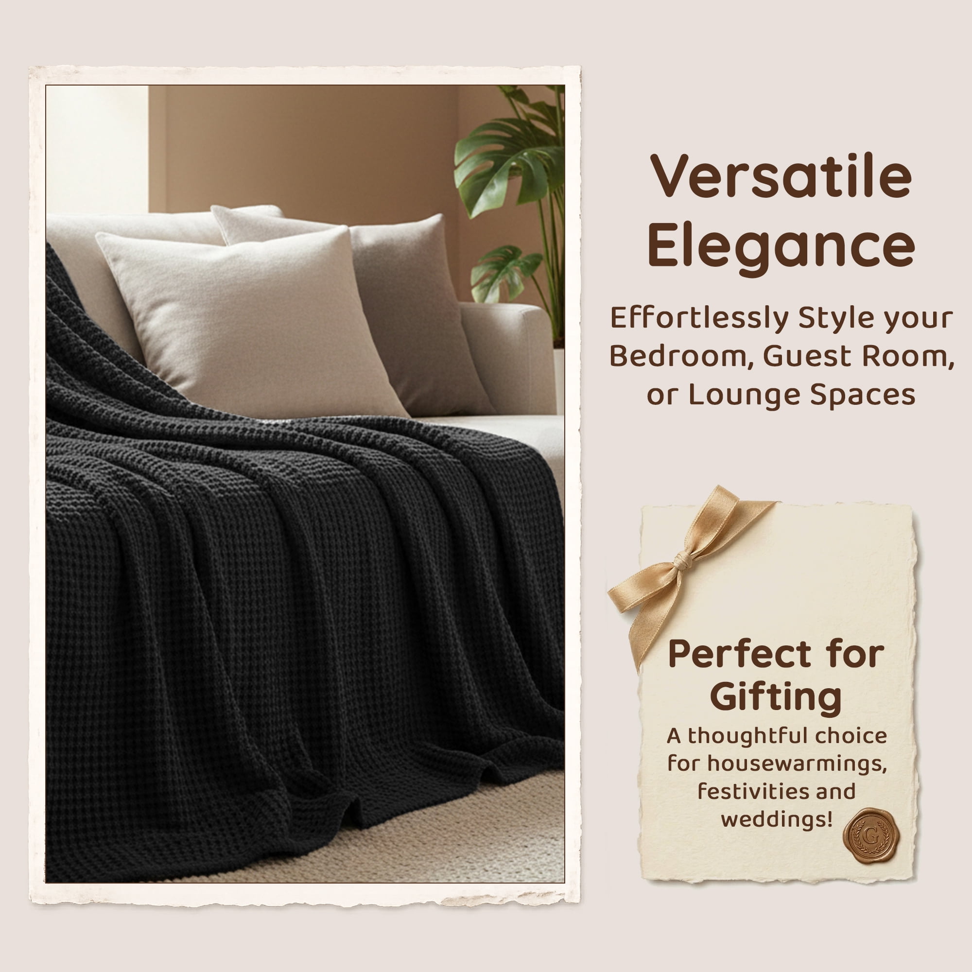 Loomsnest Ultra Soft Black Twin Waffle Blanket, 100% Cotton Blanket for Bed, Sofa & Couch, Waffle Weave All Season Throw for Hot Sleeper, Lightweight & Breathable, 60" x 90"
