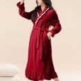 thumbnail image 4 of Women's Plush Robe with Lace Trim Collar Ruffled Hem Belted Long Sleeve Fleece Bathrobe for Loungewear Wine L, 4 of 6