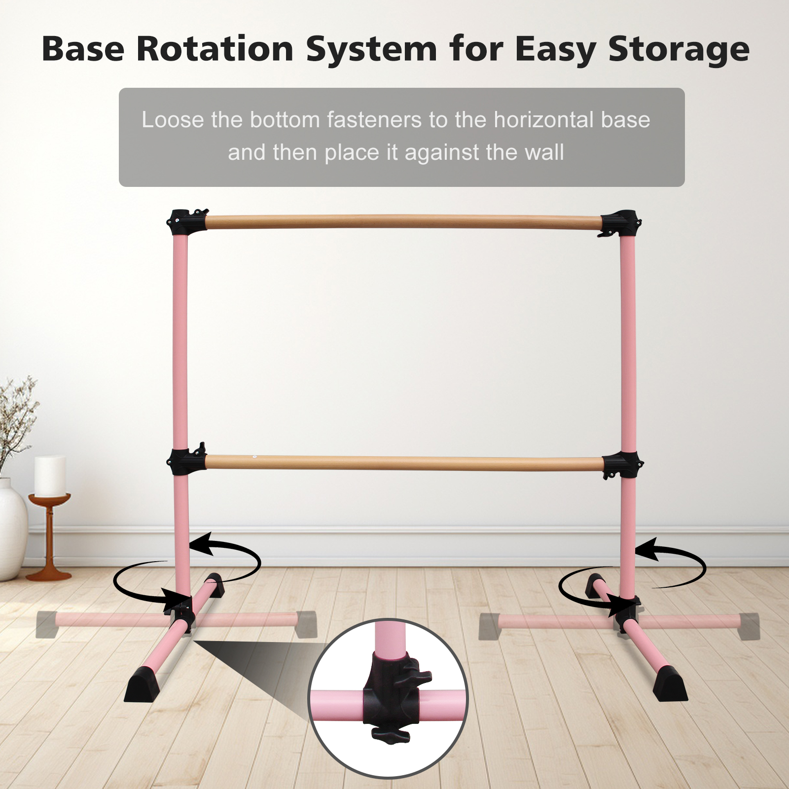 Solid Wood Ballet Barre 4FT with Adjustable Height 6.7-46 Inches, Professional Dance Practice Barre with Rotatable Base for Home, Studio, Adjustable, Pink