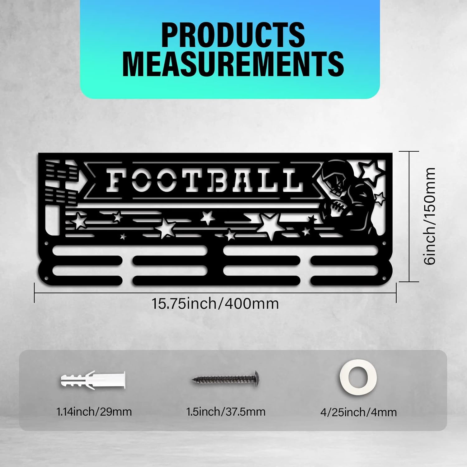 Football Medal Hanger Holder Medal Display Rack Hanger Awards Ribbon Cheer 2 Lines Sport Award Rack Wall Mount Iron Frame for Over 50 Medals Necklace Jewelry 15.75 Inch Black