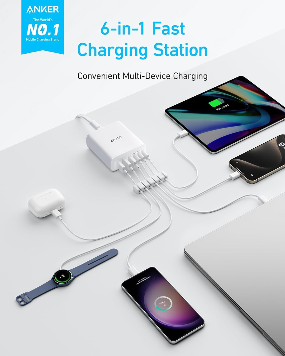 Anker Desktop Charger, Fast Charging USB C Charger, 112W Max 6-Port Charging Station