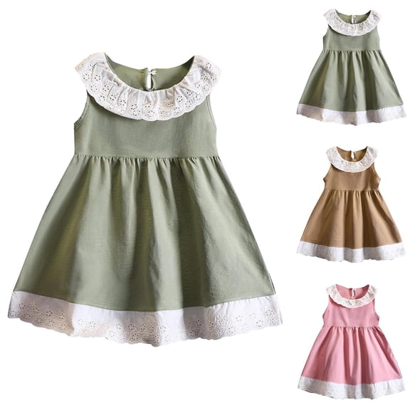 HVOBTTY Toddler's Soft Sport A-Line Dresses, Summer Dresses for Kid Girls' Casual Comfy Solid Color Ruffled Ruffled Collar Sleeveless Puff Hem Versatile Daily Wear Stylish Dresses Green, 9-10 Years