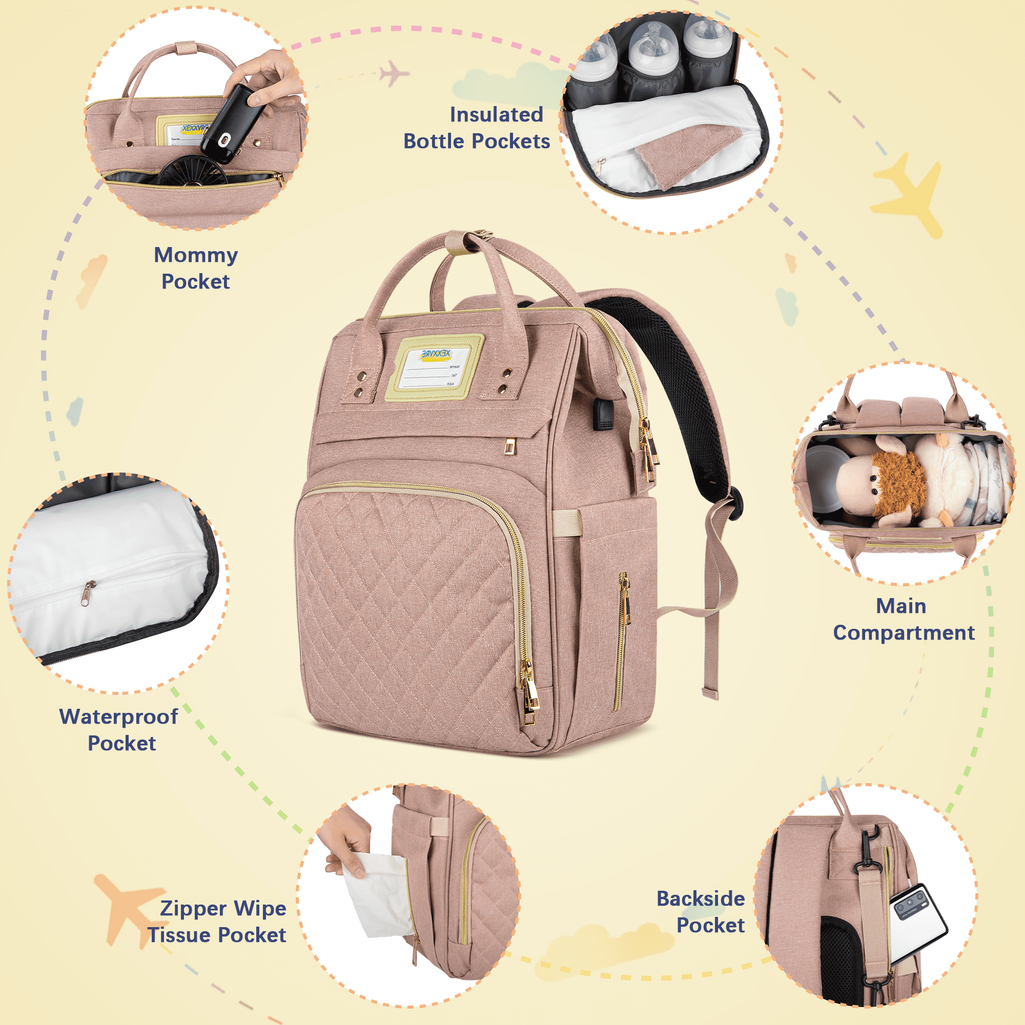 Diaper Bag Backpack, Multifunctional Baby Changing Bag with Insulated Milk Bottle Pocket & Stroller Strap, Large Capacity Travel Backpack with USB Charging Port, Baby Bags for Boys Girls(Pink)