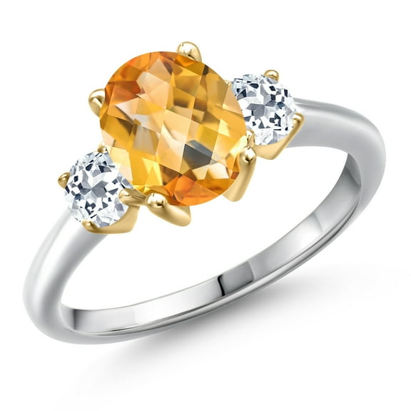 Gem Stone King 10K Two Tone Gold Yellow Citrine and White Topaz Engagement Ring for Women | 2.31 Cttw | Oval Checkerboard 9X7MM | Gemstone November Birthstone | Size 6
