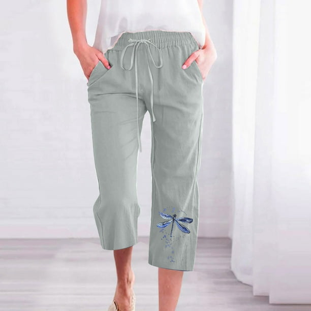 Jsaierl Capri Pants for Women Trendy Print Drawstring Elastic Waist Pants Cotton Linen Straight Wide Leg Plus Size Lounge Capris