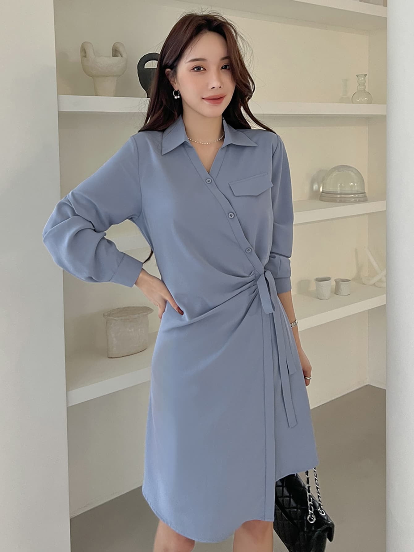 Women S Knot Side Wrap Asymmetrical Hem Dress 22 M 6 Dusty Blue Casual F049d Walmart Com