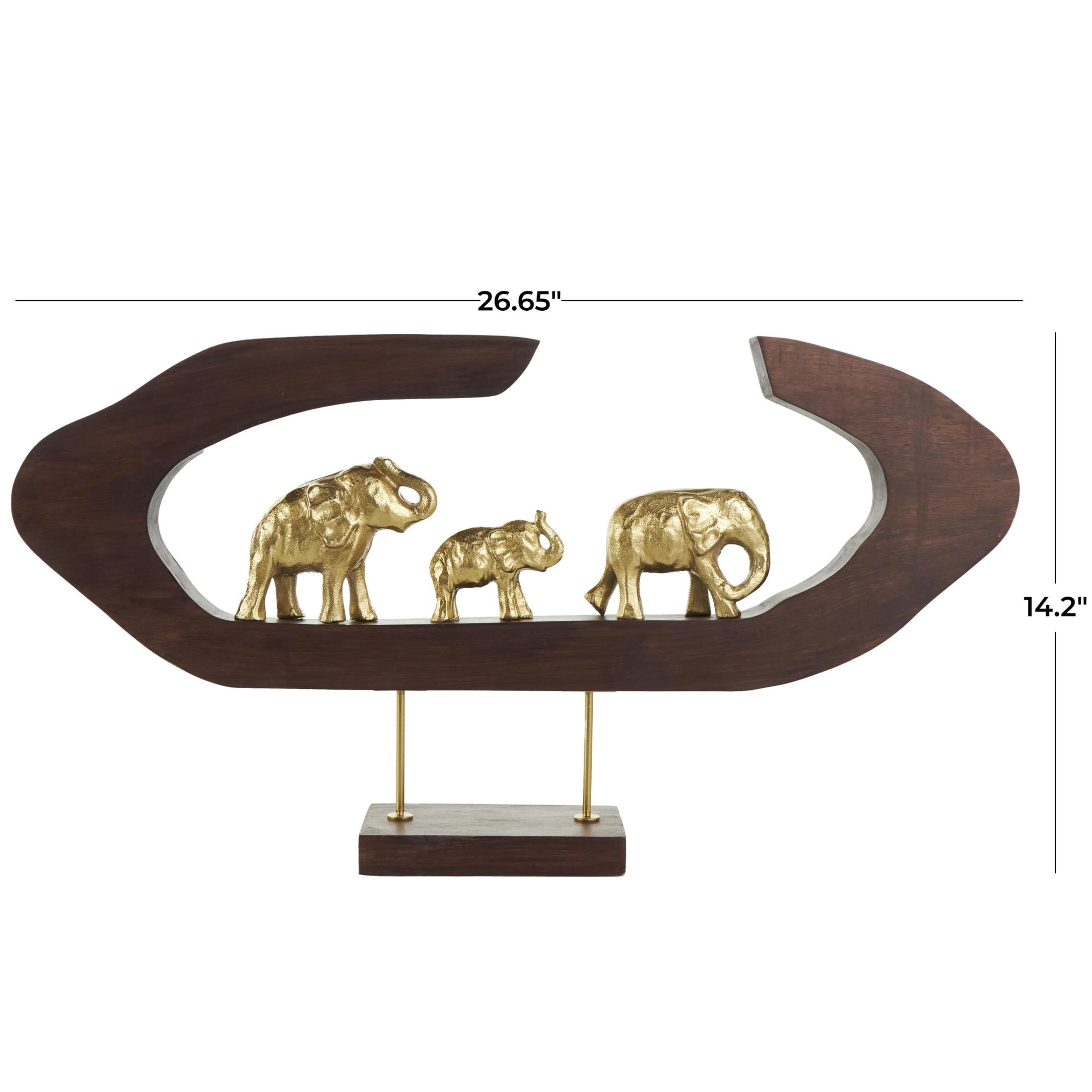27" x 14" Gold Aluminum Metal Elephant Sculpture with Brown Wooden Frame, by DecMode