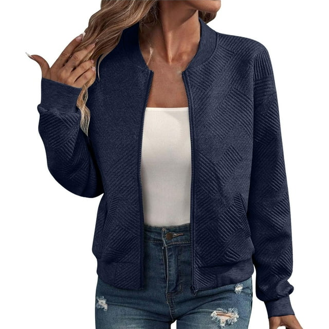 Women's Lightweight Full Zip Cropped Jacket, Spring Autumn Transition Long Sleeve Coat with Pockets, Soft Breathable Air Layer Fabric for Athletic Workout, Sport, and Casual Daily Wear NavyM