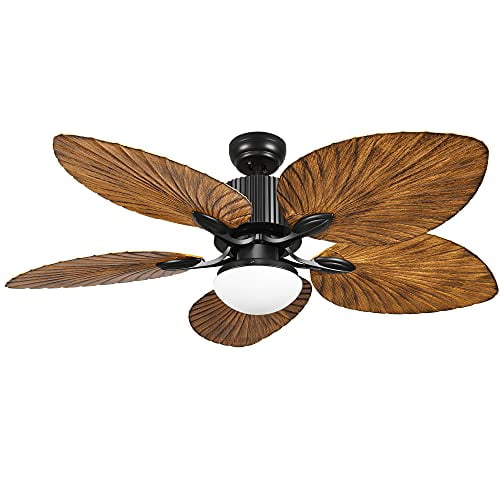YITAHOME Ventilateur de Plafond Tropical avec Lumière DEL et Télécommande 52 Pouces Ventilateur Réversible en Palmier avec Fonction Mémoire 5 Pales de Feuille et Pinces d'Équilibre - Noir