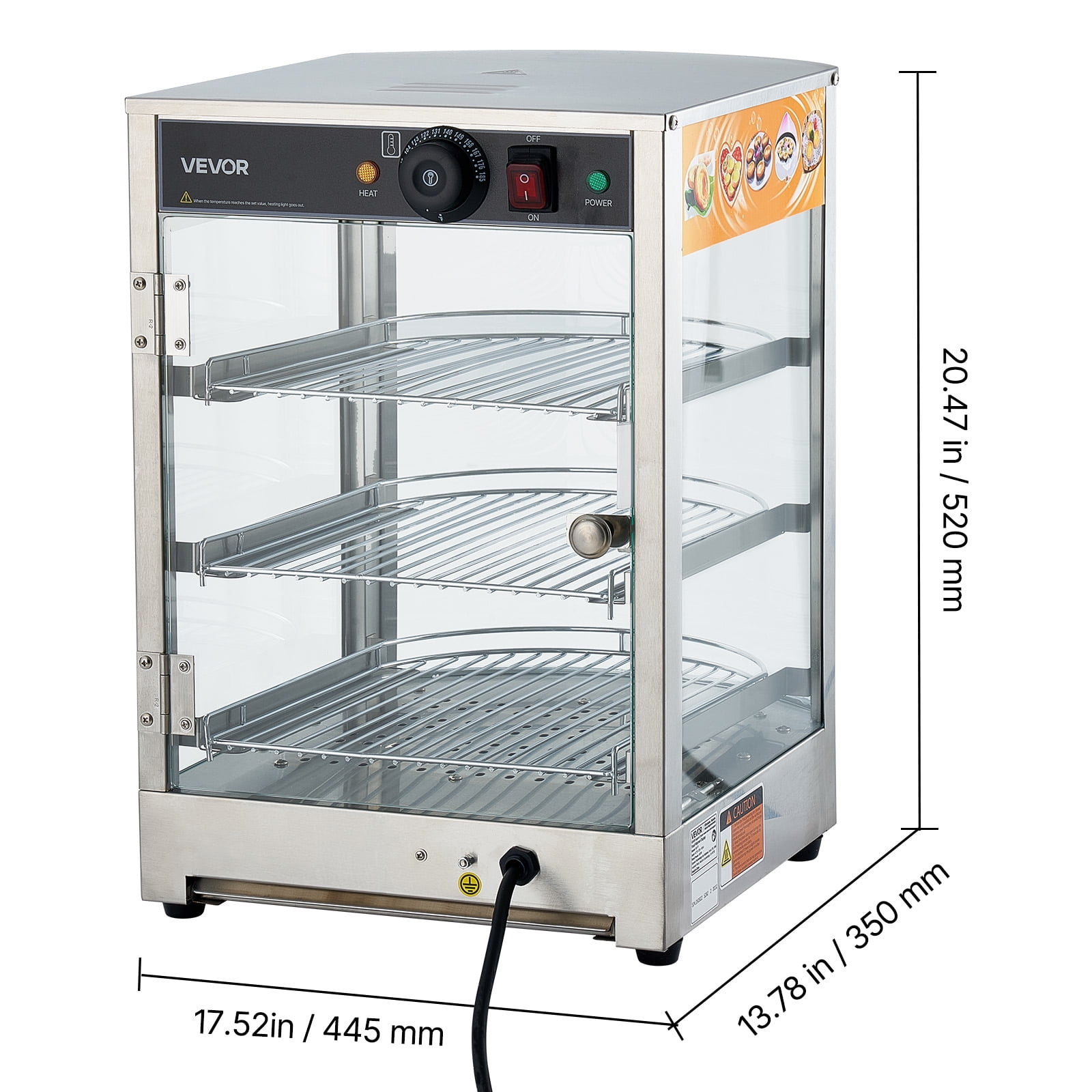 VEVOR 3-Tier Commercial Food Warmer Display, 800W Food Display Warmer with LED Light, Adjustable Shelf and Stainless Steel Frame, 86℉~185℉ Air Heating, 60L for Hamburger, Pizza, Bread, Fried Chicken