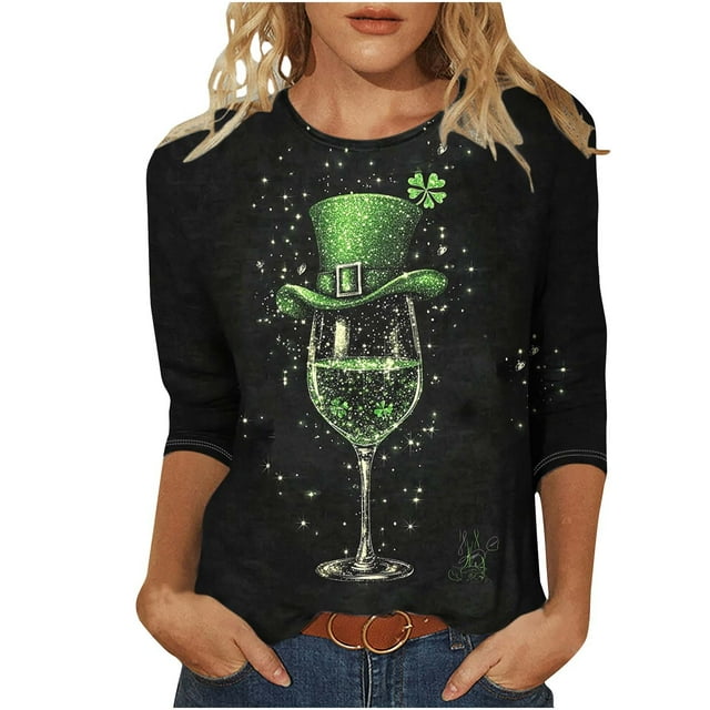 ZVAVZ Hauts Légers Grande Taille pour Femmes, Manches 3/4 Mignon Trèfle Trèfle Blouses Décontractées Col Rond Chandail Grande Taille pour Femmes Vert, 2TG