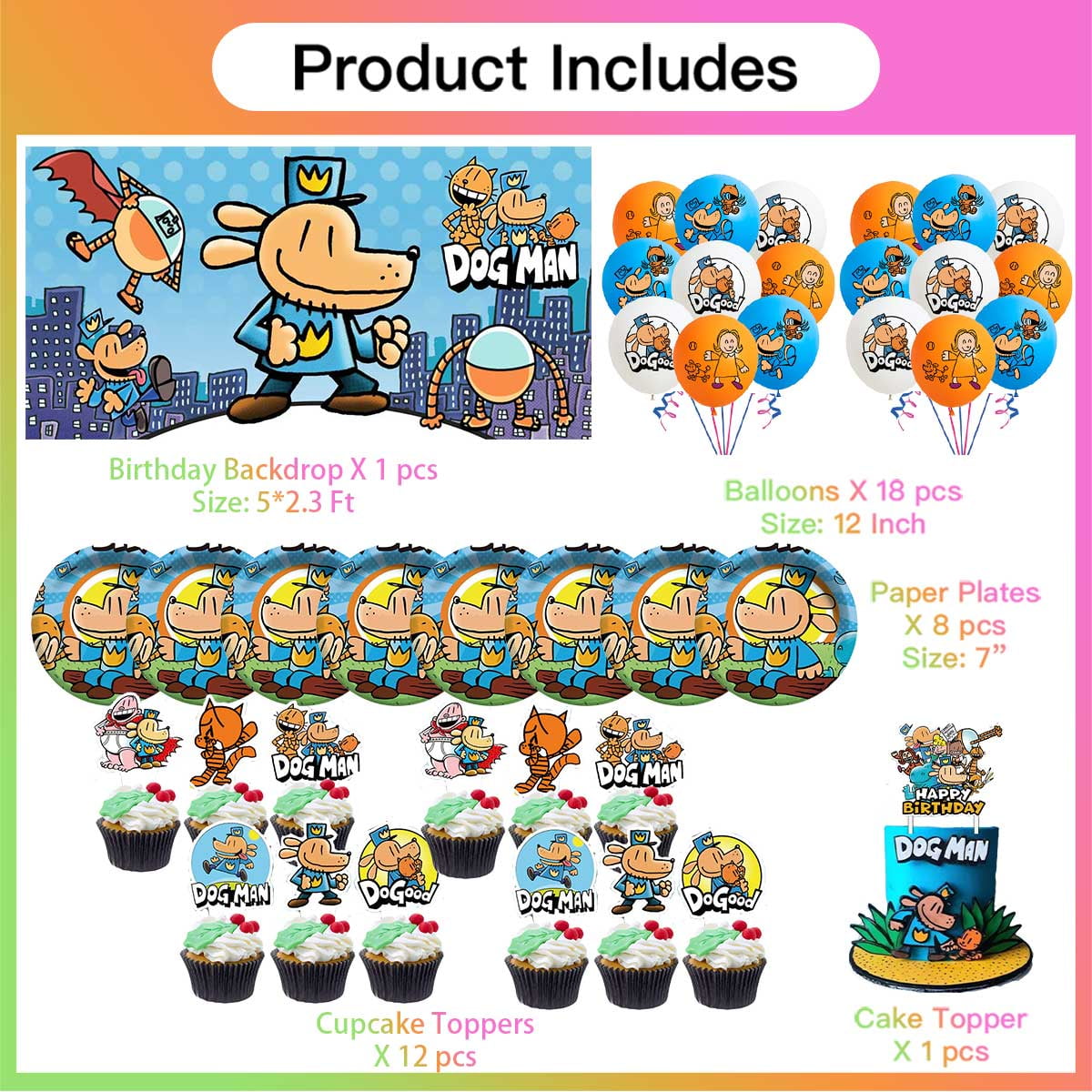 Dog Man Birthday Party Supplies Balloons Paper Plates Decoration Cake Topper Decor Tableware Banner Backdrop