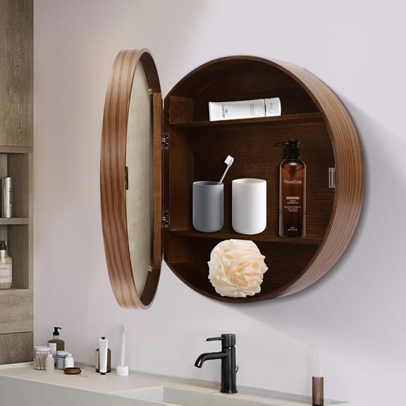 Round Medicine Bathroom Mirror Cabinet Wood Framed Walnut Wall Mounted 20"x20" For Bathrooms, Toilets, Balconies, Hotels