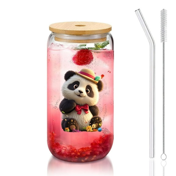 16 Ounce Clear Glass Cup with Straw and Lid, Painted with Cute Panda Patterns, Glass Tumbler Coffee Cup Drinkware Set, Great for Gift or Everyday Use