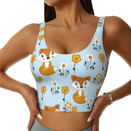 Racerback Sports Bras For Women High Support  Cartoon Flower Fox Blue Workout Tank Tops Woman  Workout Yoga Running Bra