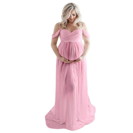 

GORHGORH Womens Party Gown Solid Color Sexy Off-the-Shoulder Front Split Photograph Maternity Dress