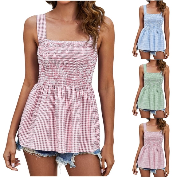 ZyeKqe Tank Tops for Women Summer Square Neck Sleeveless Shirts Casual Pleated Tunic Top Plaid Dressy Blouses