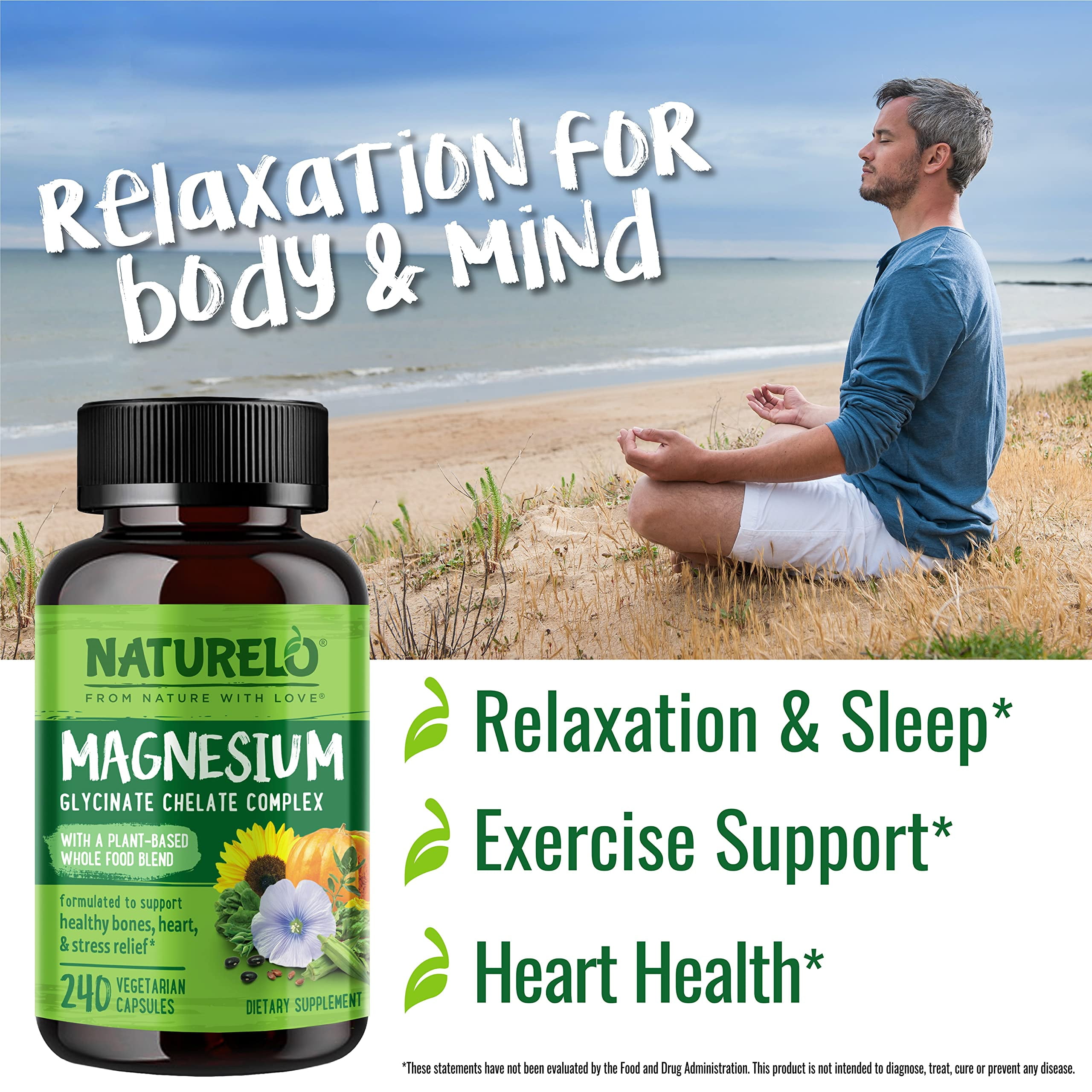 NATURELO Magnesium Glycinate Chelate Complex - 200 mg Magnesium with Organic Vegetables to Support Sleep, Calm, Muscle Cramp & Stress Relief - Gluten Free, Non GMO - 240 Capsules