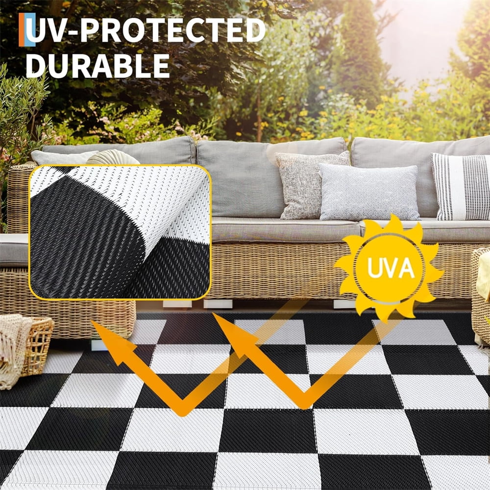Outdoor Rugs 8x10ft/9x12ft Plaid Reversible Plastic Straw Rugs, Easy Cleaning Checkered Camping Carpet, Lightweight Outside Floor Mat for Picnic, Patio, RV, Porch, Deck, Balcony, Beach