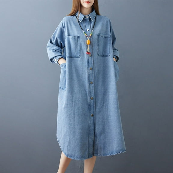 Roncen Women's Denim Shirt Dress - Loose Fit Vintage Style Long Sleeve with Collar, Round Neck Knee-Length Casual Dress for Retro Daily Wear