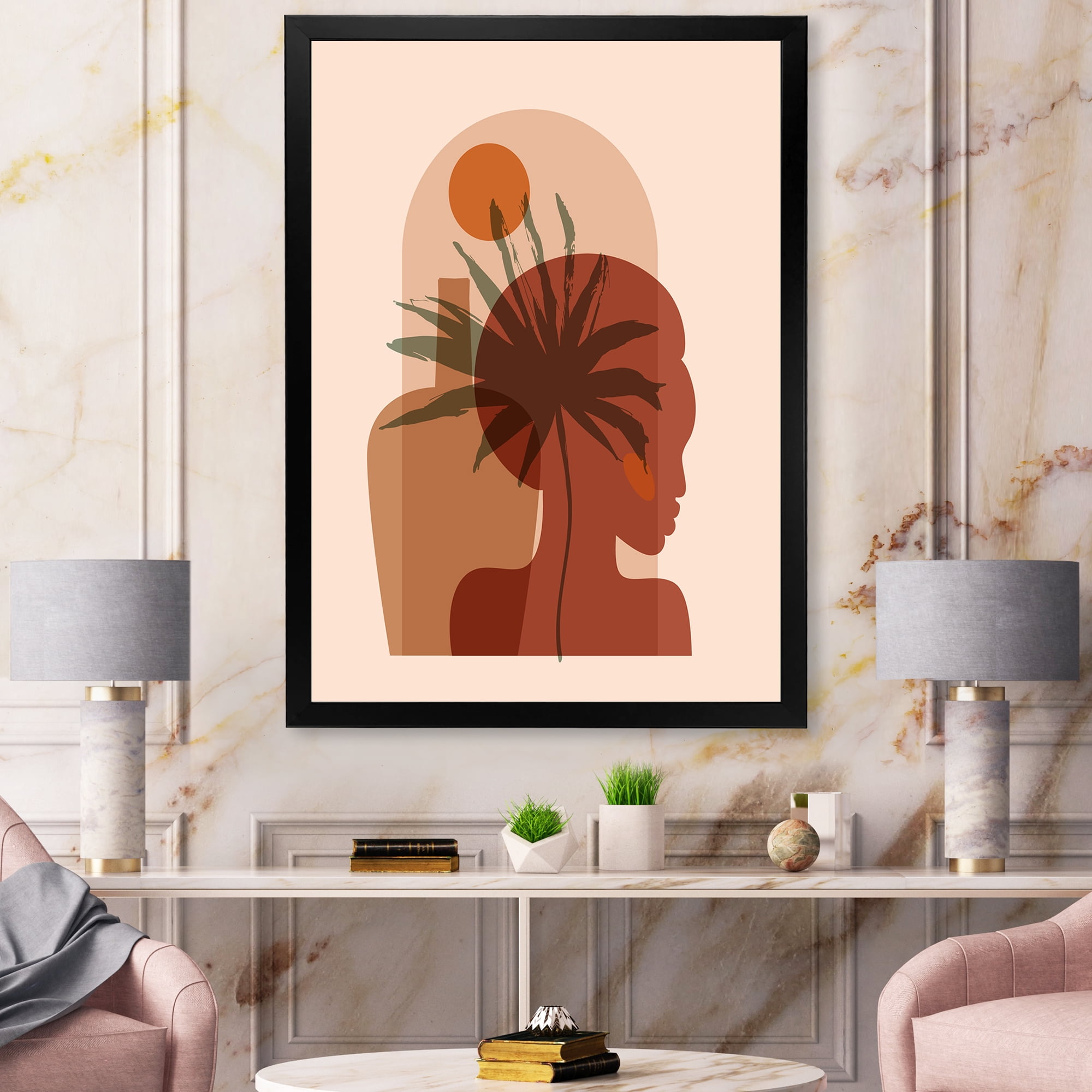 Designart 'Abstract Pretty Girl Portrait and Tropical Palm Leaf' Modern Framed Art Print