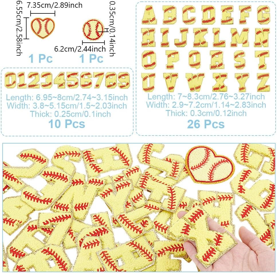 38 pcs Letter Patches Ball Softball Patches Iron on Letter Chenille Patches Gold Baseball Style Embroidered Patches for Clothes Backpack Hats Shirt Jeans DIY Accessories