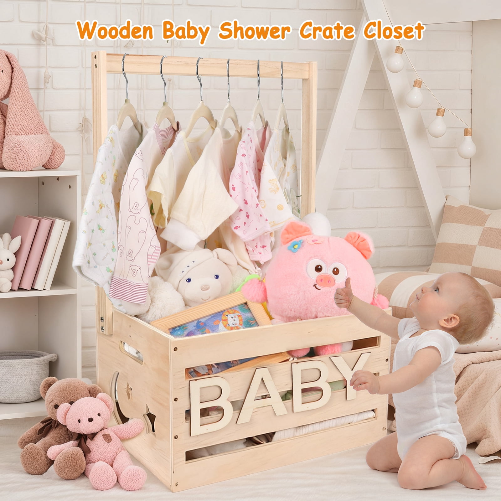 Larger Size-Baby Shower Crate Closet, Wooden Baby Shower Baskets with Handle, Personalized Wood Crate for New Baby Gift