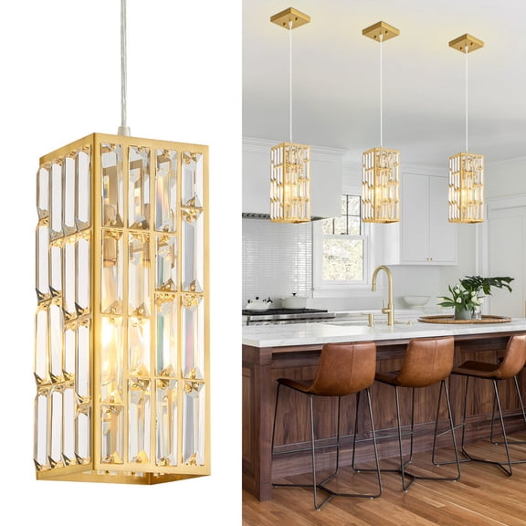 Deyidn Adjustable Crystal Pendant Light, 5.3 Inch Modern Chandelier with Gold Finish for Dining Room, Entryway, Kitchen Island