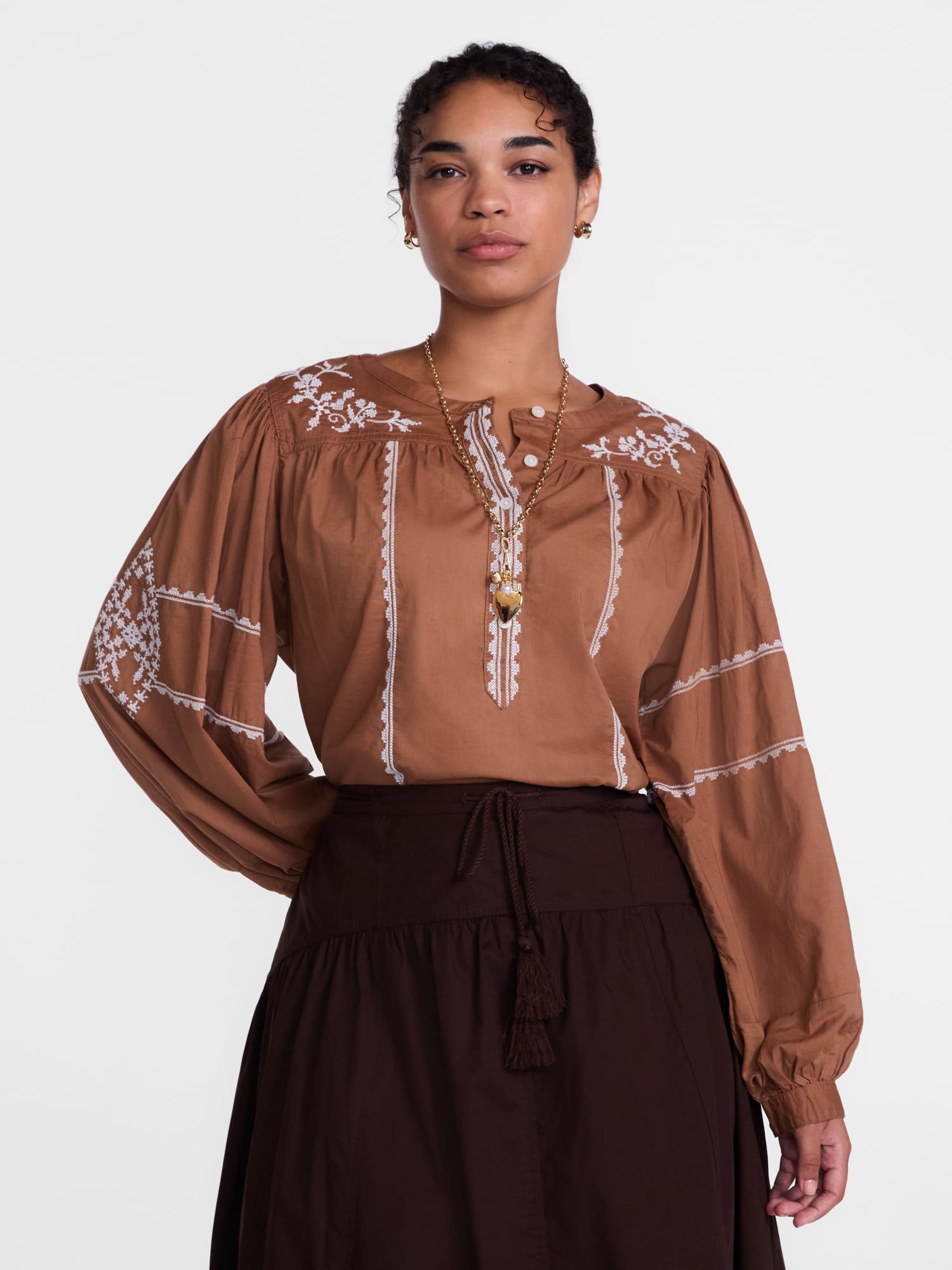 Scenario Women's and Women's Plus Embroidered Top with Long Sleeves, Sizes XS-4X