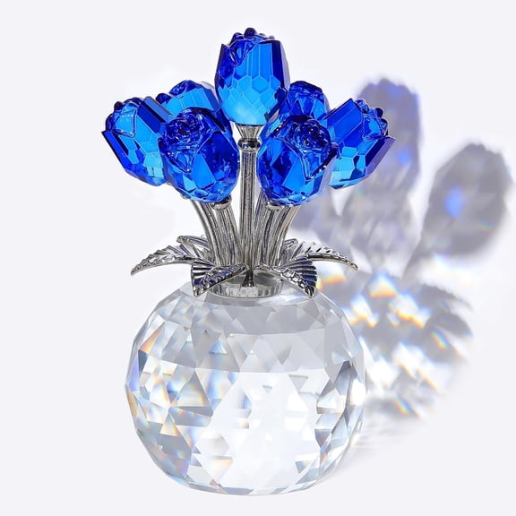 Crystal Colorful Rose Bouquet Figurine with Round Vase – Glass Rose Flower Romantic Gifts for Her Mom, Collectible Home Table Centerpiece Decoration