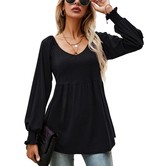 ZHENWEI Women's Casual Lantern Long Sleeve Tunic Tops V-Neck Pleated Flare Blouse T-Shirts
