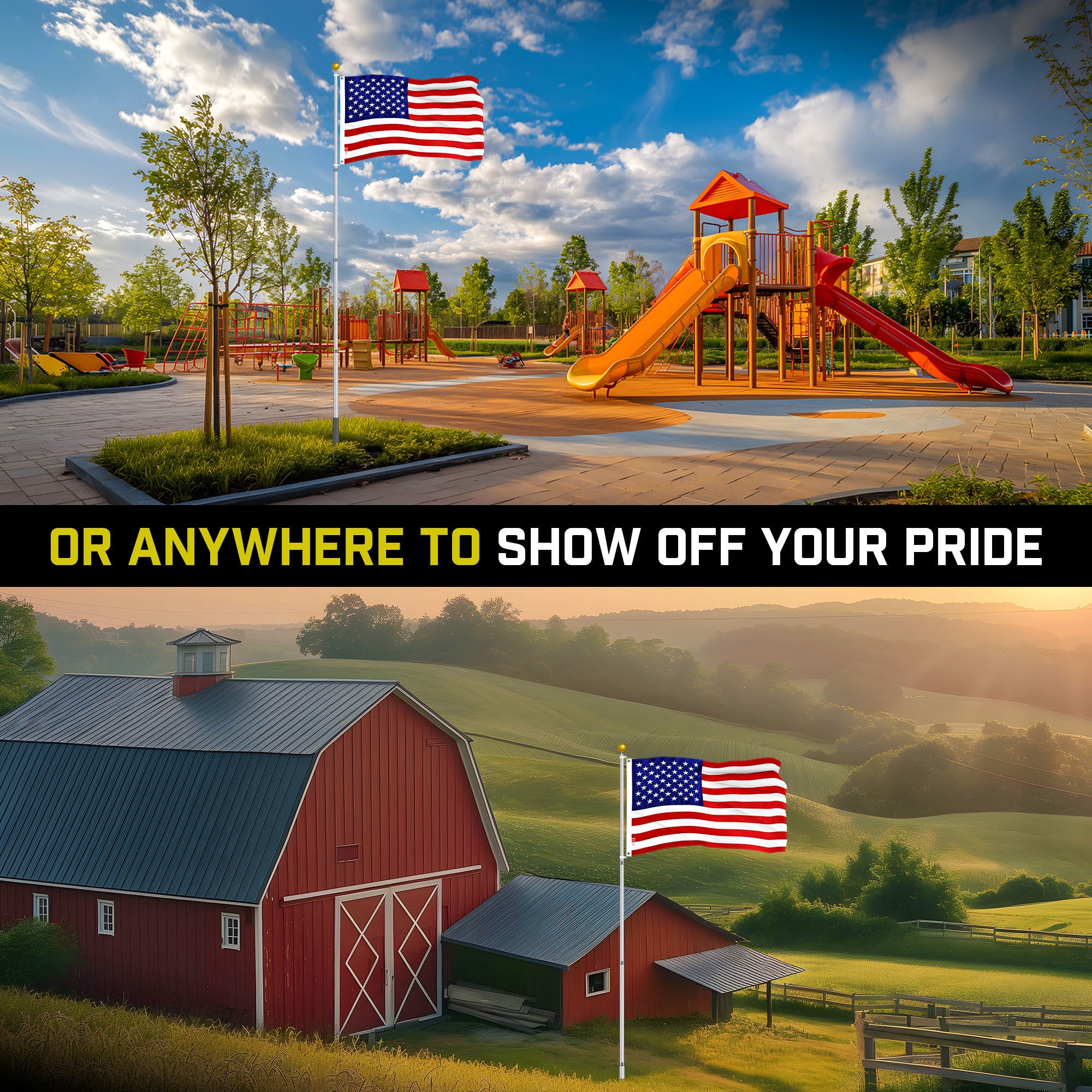 G128 Combo Pack: 16 Ft Telescoping Aluminum Flagpole (Silver) & American USA Flag 3x5 Ft, ToughWeave Series Embroidered 210D Polyester | Pole with Flag Included