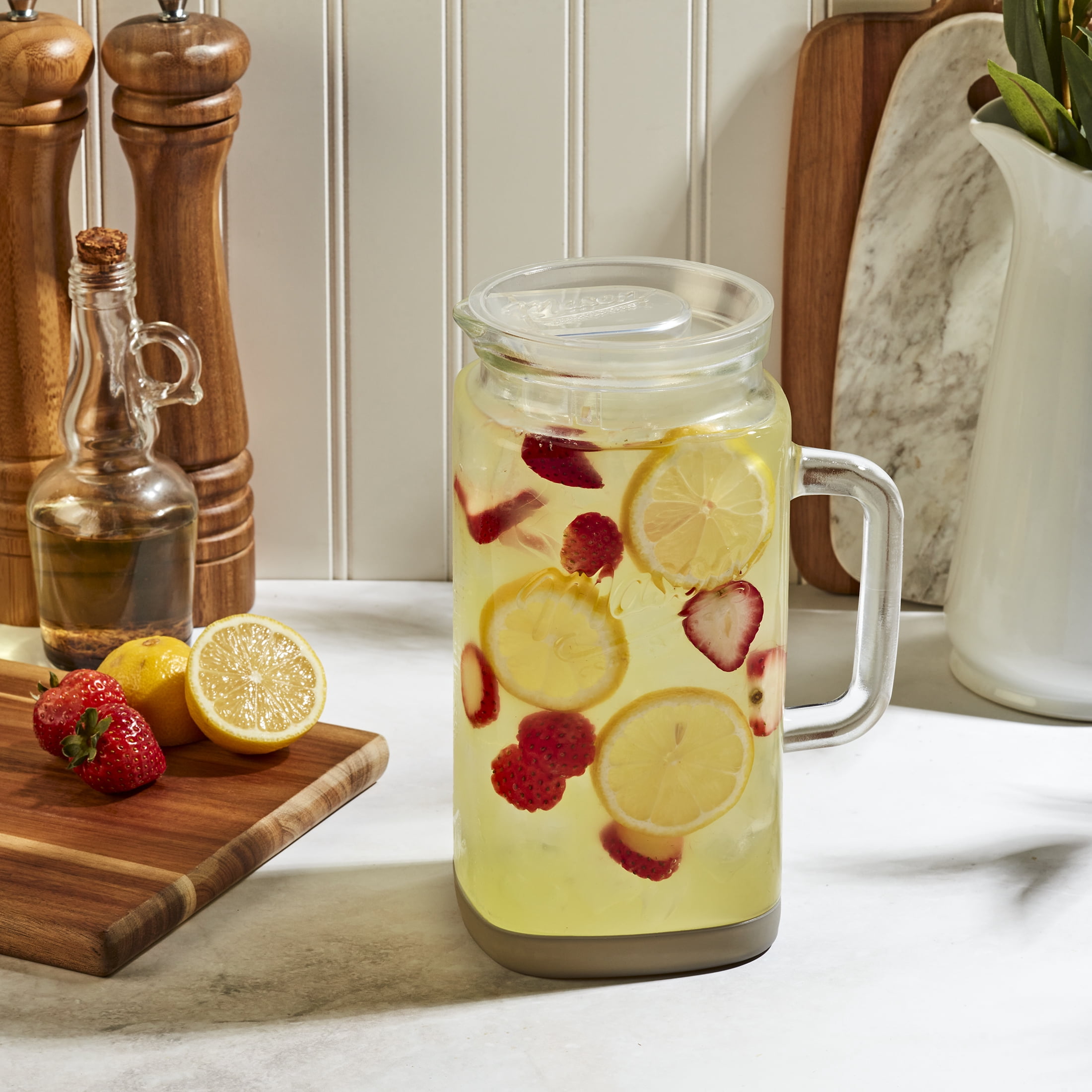 (6 pack) Mason Craft & More Glass 0.5 Gallon Pitcher with Removable Plastic Lid and Silicone Base, Gray, Well Suited to Cold Drink Preparation