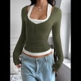 thumbnail image 4 of Camisetas Henley de Larga para Mujer, Blusa Básica Informal de Punto Acanalado con Botones y Corte Ajustado. Verde Oliva XL, 4 of 7