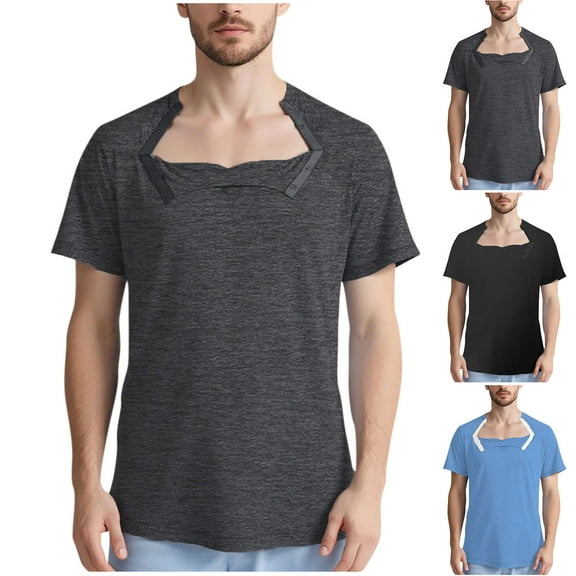 RYDCOT Mens Chemo Port Shirts Post Shoulder Surgery Recovery Short Sleeved Shirts Tear Away Can Open Collar Snap Button Full Open Chemo Clothing Unisex Dark Gray
