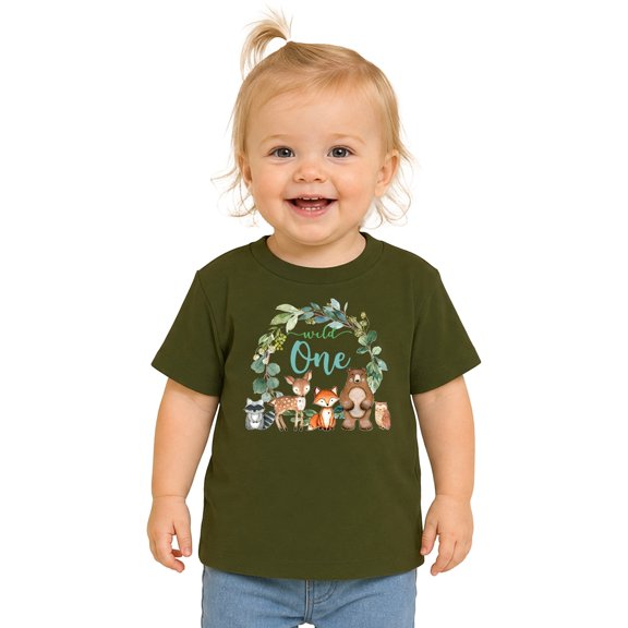 Wild One Wreath with Woodland Animals T-Shirts for Baby Girls and Boys Military Green Shirt 12 Months