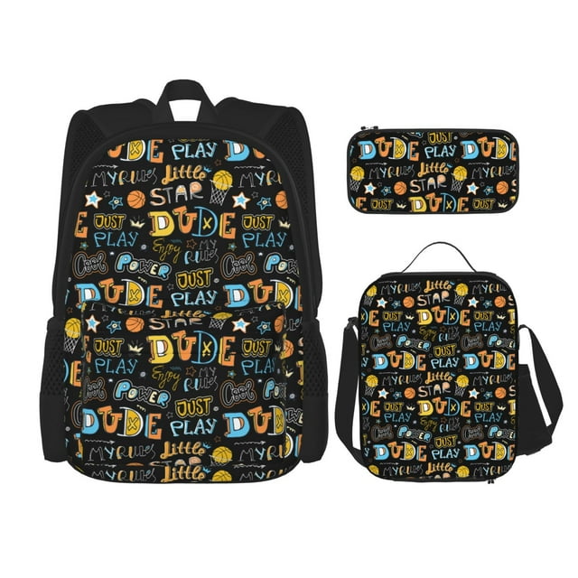 Gaeub Basketball Printed Large Capacity Backpack Lunch Bag Pencil Case Combination 3 Piece Set, School Daypack for Boys and Girls