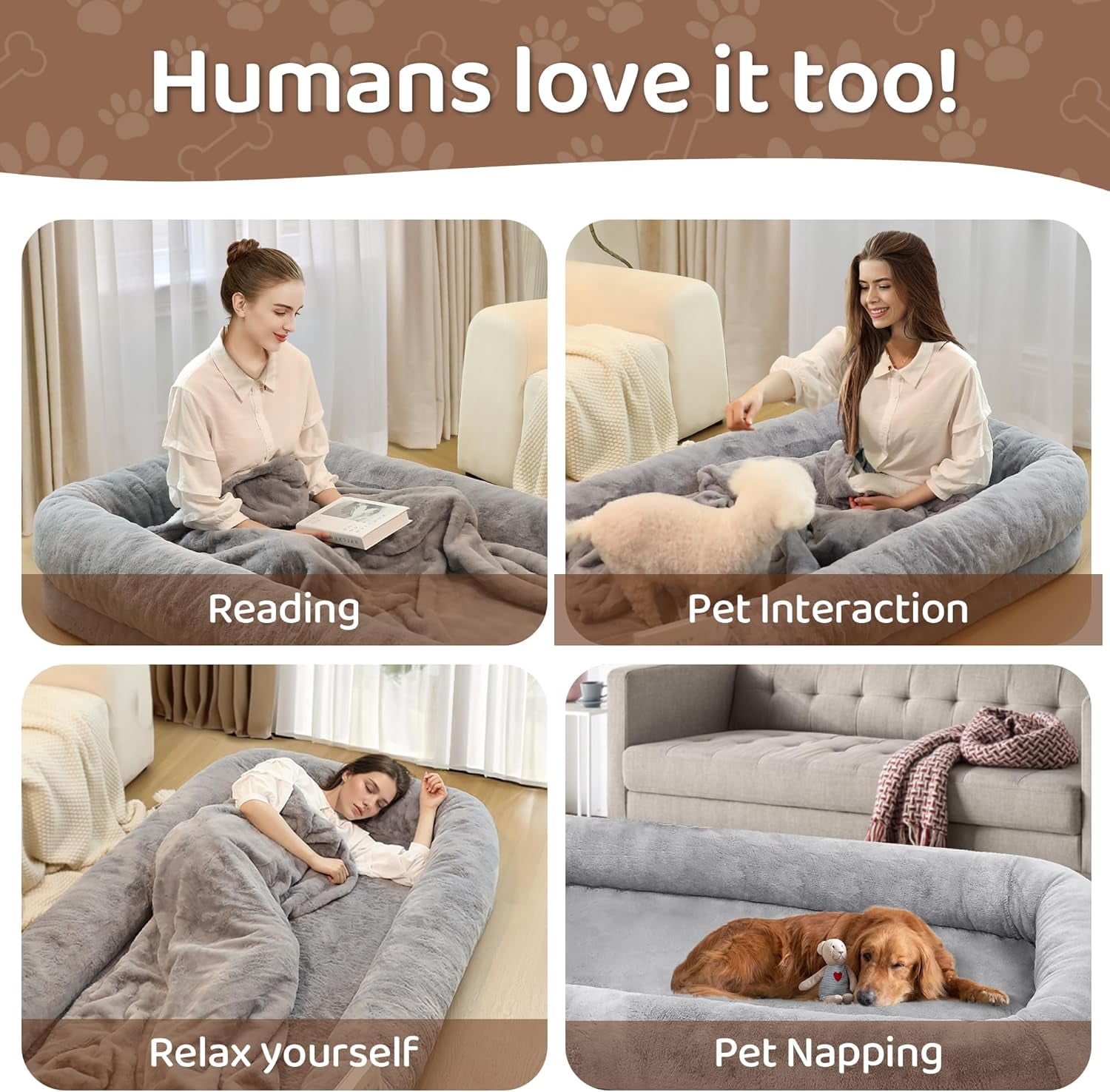Large Human Dog Bed for Adults, 71"x43"x10" Cozy Human Sized Pet Bed, Orthopedic & Washable Cover, Non-Slip Comfortable Lounger for People and Pets, Light Grey