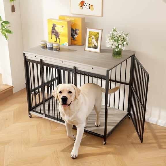 Diddaport 47 inch Dog Crate Furniture, Heavy Duty Wood Kennel with Wheels & Multiple Secure Locks, Wooden Dog Cage End Table with Sliding Front Door,Multi-Side Openings for Indoor