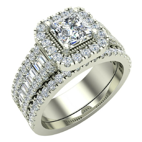 Princess Cut Diamond Cushion Halo Wedding Ring Set 1.60 Carat Total Weight 14K White Gold ( G , I1 )