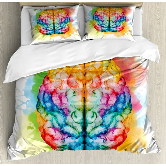 Watercolor Duvet Cover Set Queen Size, Vibrant Colorful Human Brain Body Neurology Hemispheres Creative Intelligence, Decorative 3 Piece Bedding Set with 2 Pillow Shams, Multicolor, by Ambesonne