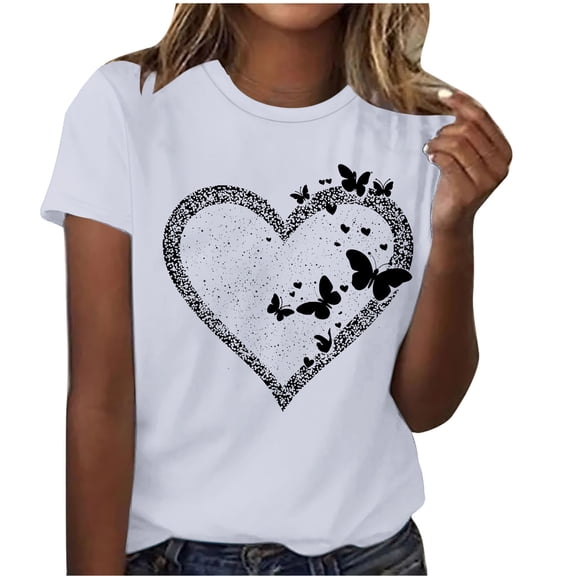 Fengactive Womens Crewneck Short Sleeved Heart Graphic Shirts Summer T-Shirts Casual Cute Loose Fit Tee